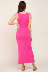 Pink V-Neck Side Slit Maternity Midi Dress