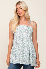 Mint Green Floral Ribbed Shoulder Tie Tiered Top