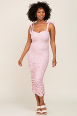 Light Pink Leopard Ribbed Shoulder Tie Ruched Maternity Midi Dress