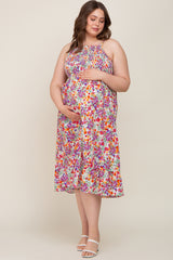 Fuchsia Floral Smocked Maternity Plus Midi Dress