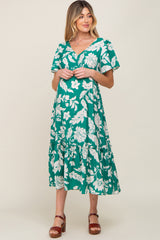 Green Tropical Print Ruffle Maternity Midi Dress