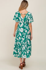 Green Tropical Print Ruffle Maternity Midi Dress