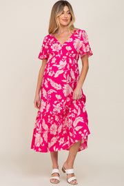 Fuchsia Tropical Print Ruffle Maternity Midi Dress