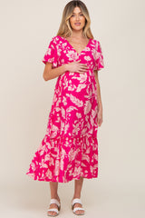 Fuchsia Tropical Print Ruffle Maternity Midi Dress