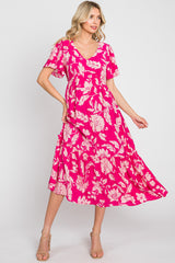 Fuchsia Tropical Print Ruffle Maternity Midi Dress