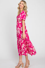 Fuchsia Tropical Print Ruffle Midi Dress