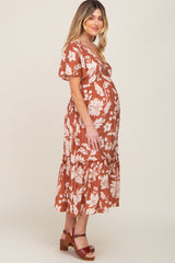 Rust Tropical Print Ruffle Maternity Midi Dress