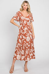 Rust Tropical Print Ruffle Maternity Midi Dress