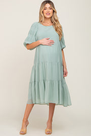 Light Olive Chiffon Tiered Balloon Sleeve Maternity Midi Dress