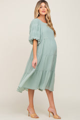 Light Olive Chiffon Tiered Balloon Sleeve Maternity Midi Dress