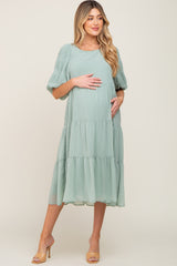 Light Olive Chiffon Tiered Balloon Sleeve Maternity Midi Dress