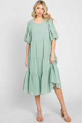 Light Olive Chiffon Tiered Balloon Sleeve Maternity Midi Dress