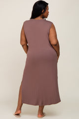 Mocha Sleeveless Front Pocket Plus Midi Dress