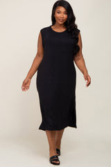 Black Sleeveless Front Pocket Plus Midi Dress