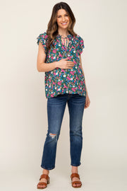 Black Floral Ruffle Accent Maternity Blouse