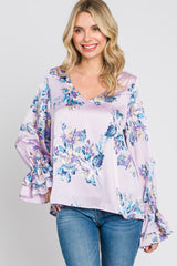 Lavender Floral Satin Ruffle Sleeve Blouse