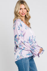 Lavender Floral Satin Ruffle Sleeve Blouse