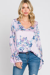 Lavender Floral Satin Ruffle Sleeve Maternity Blouse