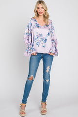 Lavender Floral Satin Ruffle Sleeve Blouse