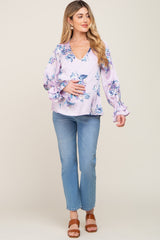 Lavender Floral Satin Ruffle Sleeve Maternity Blouse