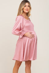 Mauve Satin Smocked Square Neck Maternity Dress