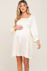 Ivory Satin Smocked Square Neck Maternity Dress