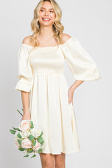 Ivory Satin Smocked Square Neck Maternity Dress