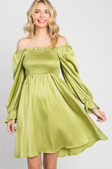 Lime Satin Smocked Square Neck Dress