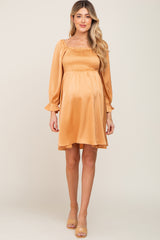 Camel Satin Smocked Square Neck Maternity Dress