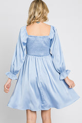 Light Blue Satin Smocked Square Neck Dress