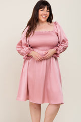 Mauve Satin Smocked Square Neck Plus Dress