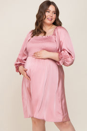 Mauve Satin Smocked Square Neck Maternity Plus Dress