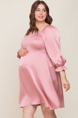 Mauve Satin Smocked Square Neck Maternity Plus Dress