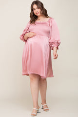 Mauve Satin Smocked Square Neck Maternity Plus Dress