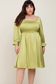 Lime Satin Smocked Square Neck Plus Dress