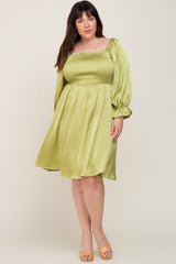 Lime Satin Smocked Square Neck Plus Dress