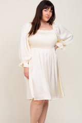 Ivory Satin Smocked Square Neck Plus Dress