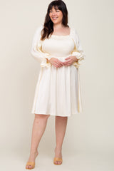 Ivory Satin Smocked Square Neck Plus Dress