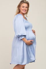 Light Blue Satin Smocked Square Neck Maternity Plus Dress