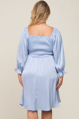 Light Blue Satin Smocked Square Neck Maternity Plus Dress