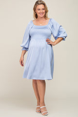 Light Blue Satin Smocked Square Neck Maternity Plus Dress