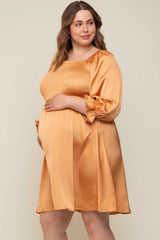 Camel Satin Smocked Square Neck Maternity Plus Dress