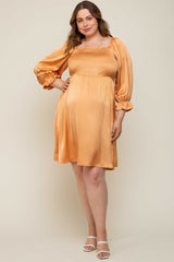 Camel Satin Smocked Square Neck Maternity Plus Dress