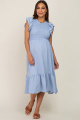 Light Blue Smocked Layered Ruffle Flutter Sleeve Maternity Midi Dress