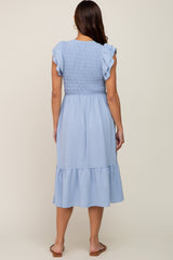 Light Blue Smocked Layered Ruffle Flutter Sleeve Maternity Midi Dress