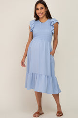 Light Blue Smocked Layered Ruffle Flutter Sleeve Maternity Midi Dress