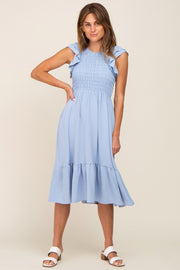 Light Blue Smocked Layered Ruffle Flutter Sleeve Midi Dress