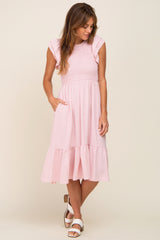 Light Pink Smocked Layered Ruffle Flutter Sleeve Maternity Midi Dress