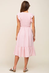 Light Pink Smocked Layered Ruffle Flutter Sleeve Midi Dress