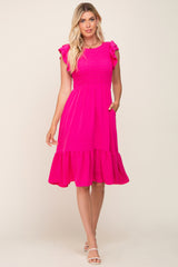 Fuchsia Smocked Layered Ruffle Flutter Sleeve Maternity Midi Dress